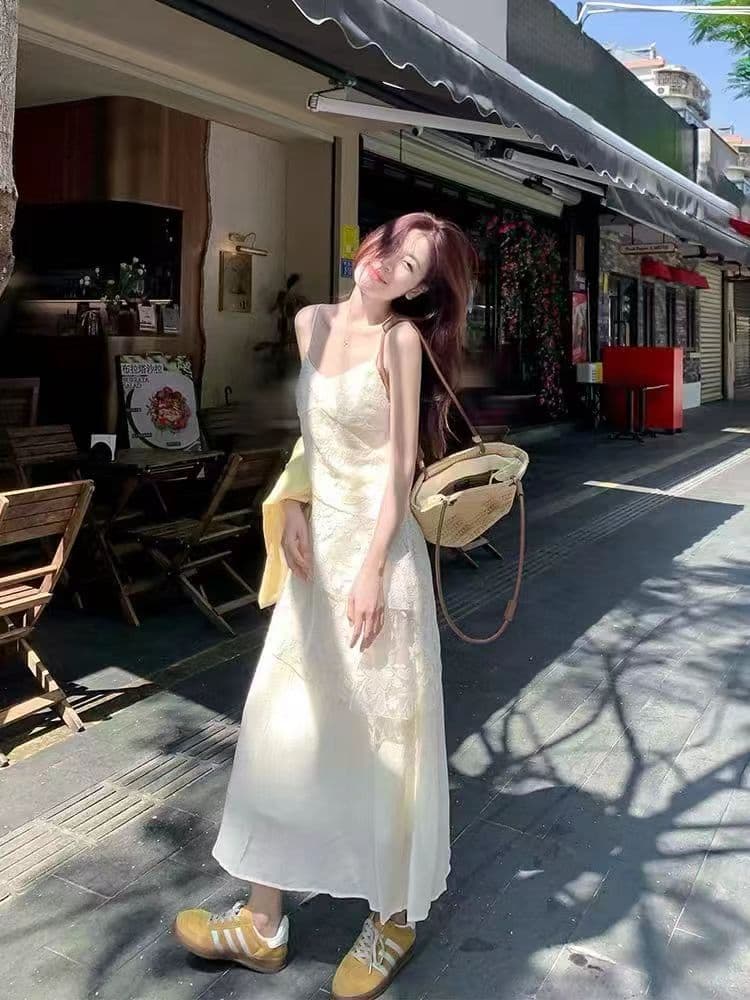 프랑스식 품격 부드러운 바람 레이스 V넥 민소매 슬립 여성 드레스 여름 허리 수축 롱 스커트 오픈 가디건 상세 이미지 1