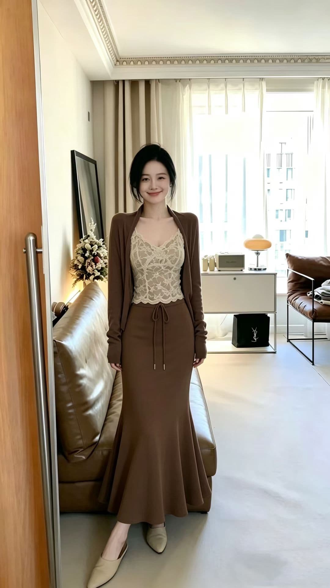 새로운 한국 스타일 패션 새벽 디자인 센스 오픈 가디건 슬립 허리밴드 반신 롱 스커트 3종 세트