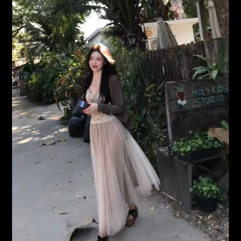 새로운 긴팔 니트 오픈 가디건 가슴 패드 레이스 캐미솔 망사 한 마디 반신 스커트 세 조각 세트 이미지 5