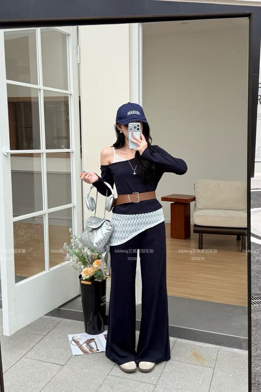 한 부서 비스듬한 어깨 의류 방귀 커튼 와이드 레깅스 바지 가을 느긋한 바람 캐주얼 착용 가져 가라. 세트 이미지 4