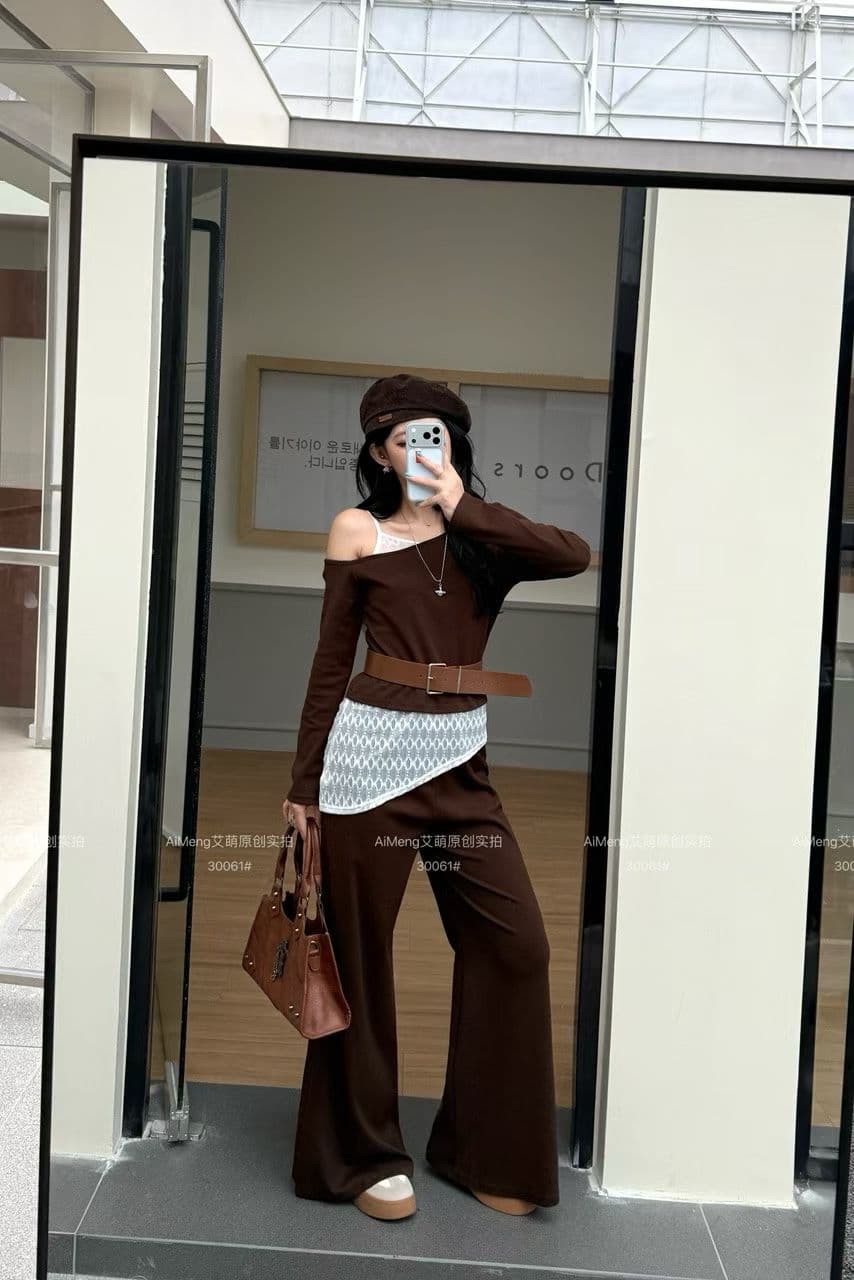 한 부서 비스듬한 어깨 의류 방귀 커튼 와이드 레깅스 바지 가을 느긋한 바람 캐주얼 착용 가져 가라. 세트 이미지 2