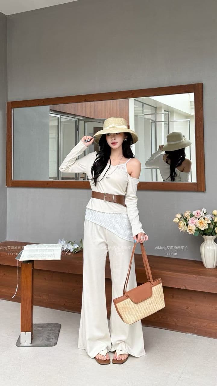 한 부서 비스듬한 어깨 의류 방귀 커튼 와이드 레깅스 바지 가을 느긋한 바람 캐주얼 착용 가져 가라. 세트 상세 이미지 2