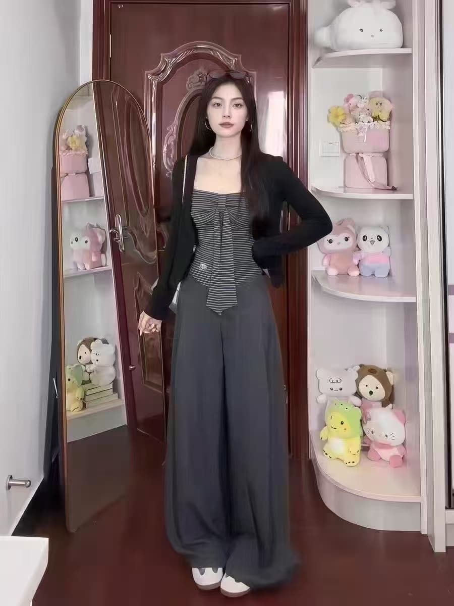 한 부서 스트라이프 슬립 오픈 가디건 세 조각 여성 세트 가을 새로운 스택 착용 슬림해 보이는 연령 감소 패션 세트 이미지 2