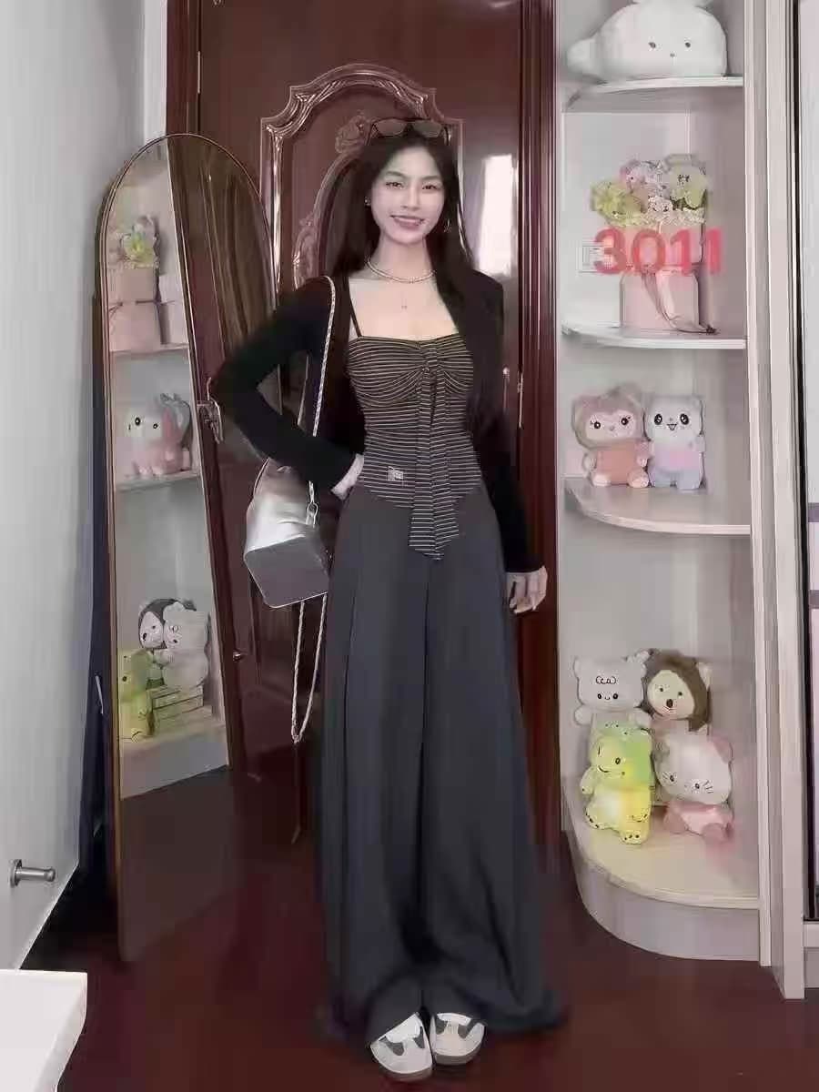 한 부서 스트라이프 슬립 오픈 가디건 세 조각 여성 세트 가을 새로운 스택 착용 슬림해 보이는 연령 감소 패션 세트 상세 이미지 2