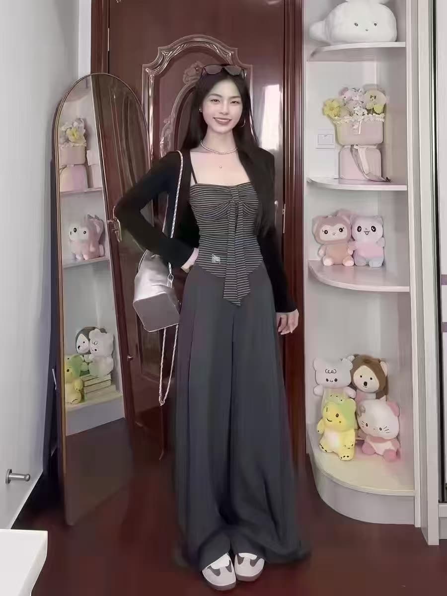 한 부서 스트라이프 슬립 오픈 가디건 세 조각 여성 세트 가을 새로운 스택 착용 슬림해 보이는 연령 감소 패션 세트 상세 이미지 3