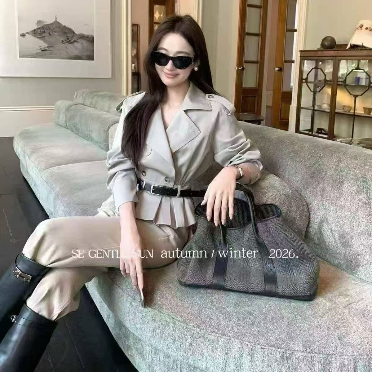 한국 스타일 배색 폴로 칼라 분위기 센스 바람막이 이중 버튼 벨트 가죽 소매 패치워크 다용도 쇼트 스타일 긴팔 재킷 이미지 4