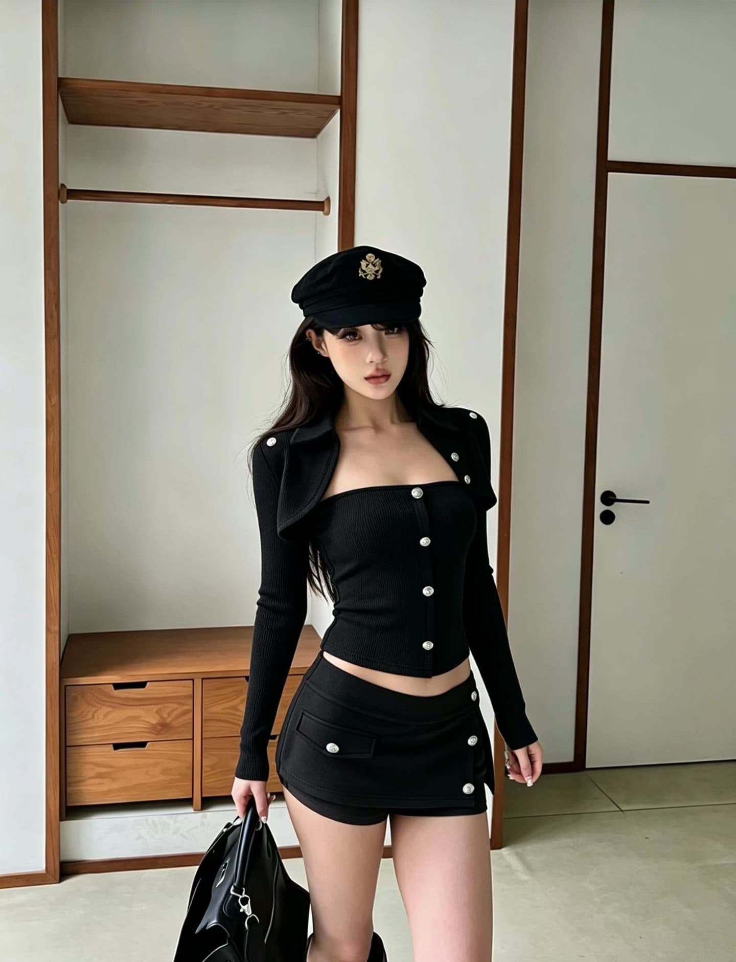 금속 버클 세트 어깨 튜브탑 긴팔 소매 맨위 조끼 측면 열기 솔기 불규칙 바지 여성 3종 세트 이미지 3