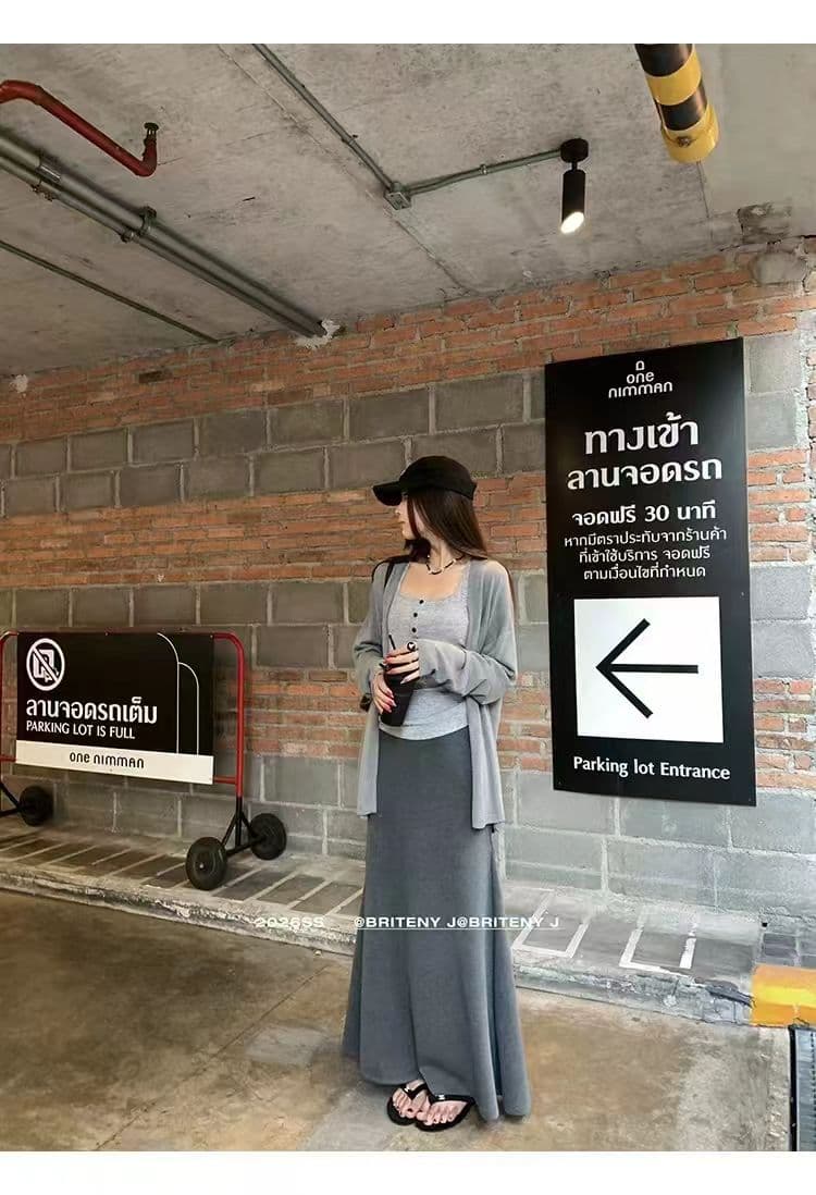 새로운 한국 스타일 패션 루즈핏 자외선 차단 재킷 조끼 허리밴드 인어 꼬리 반신 스커트 3종 세트 이미지 2