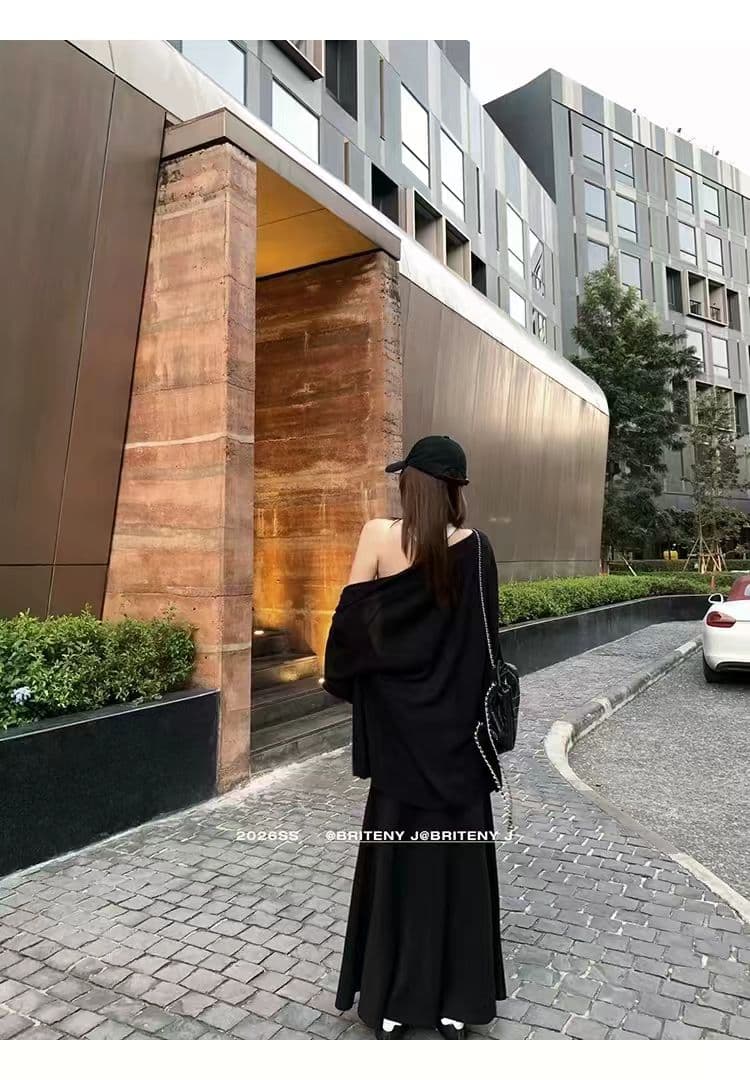 새로운 한국 스타일 패션 루즈핏 자외선 차단 재킷 조끼 허리밴드 인어 꼬리 반신 스커트 3종 세트 상세 이미지 2