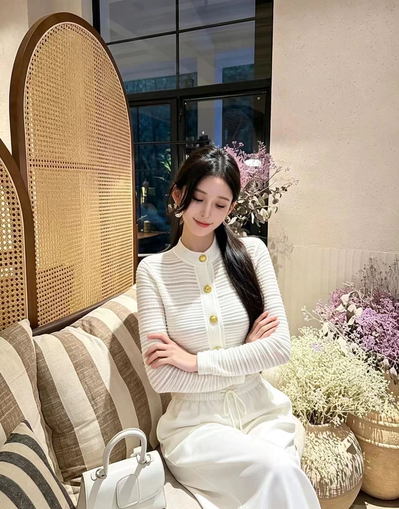 이른 가을 세련된 스트라이프 얇은 스타일 긴팔 니트 카디건 코트 아세트산 넓은 다리 캐주얼 바지 세트 여성 이미지 3