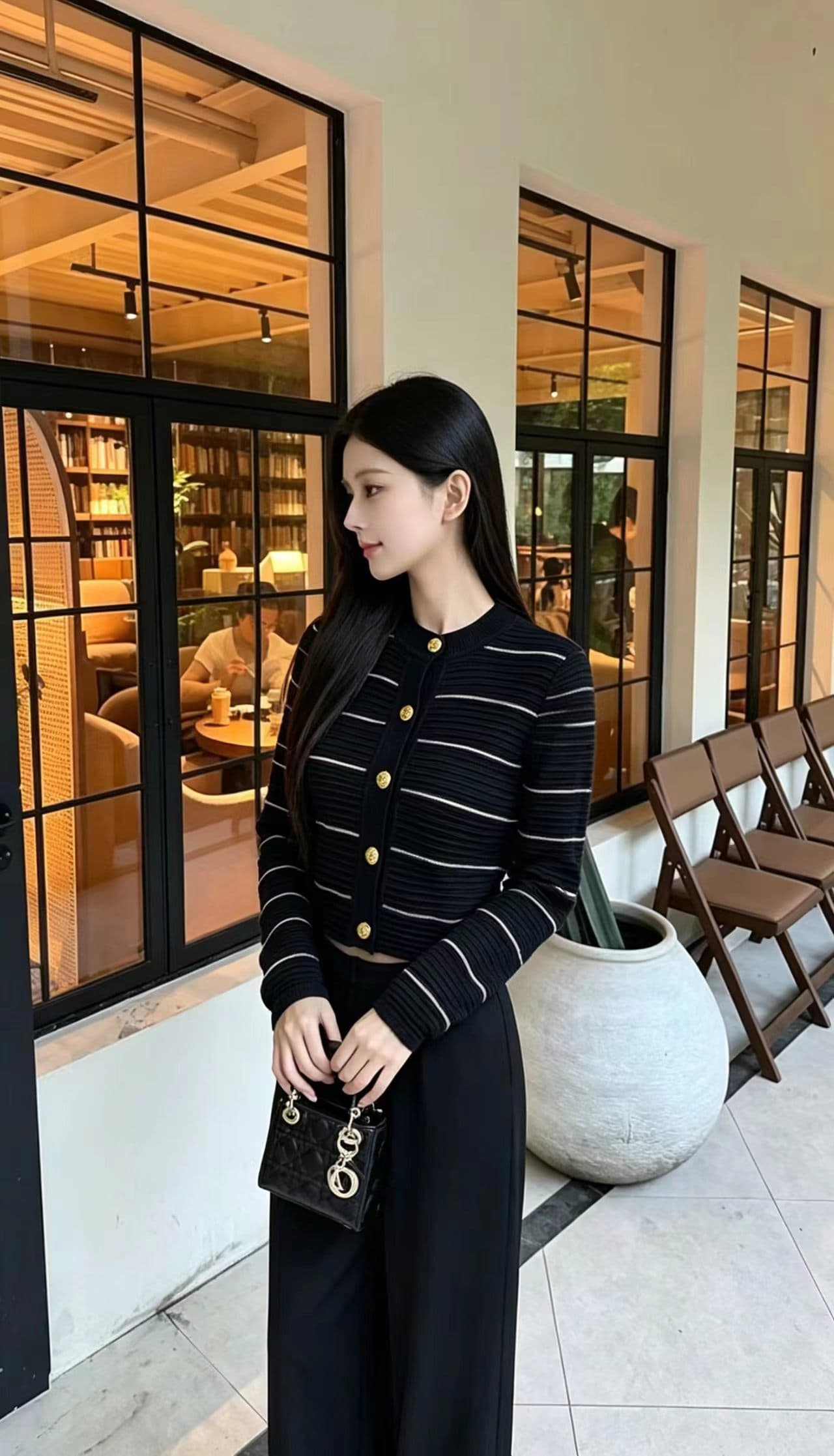 이른 가을 세련된 스트라이프 얇은 스타일 긴팔 니트 카디건 코트 아세트산 넓은 다리 캐주얼 바지 세트 여성 상세 이미지 7
