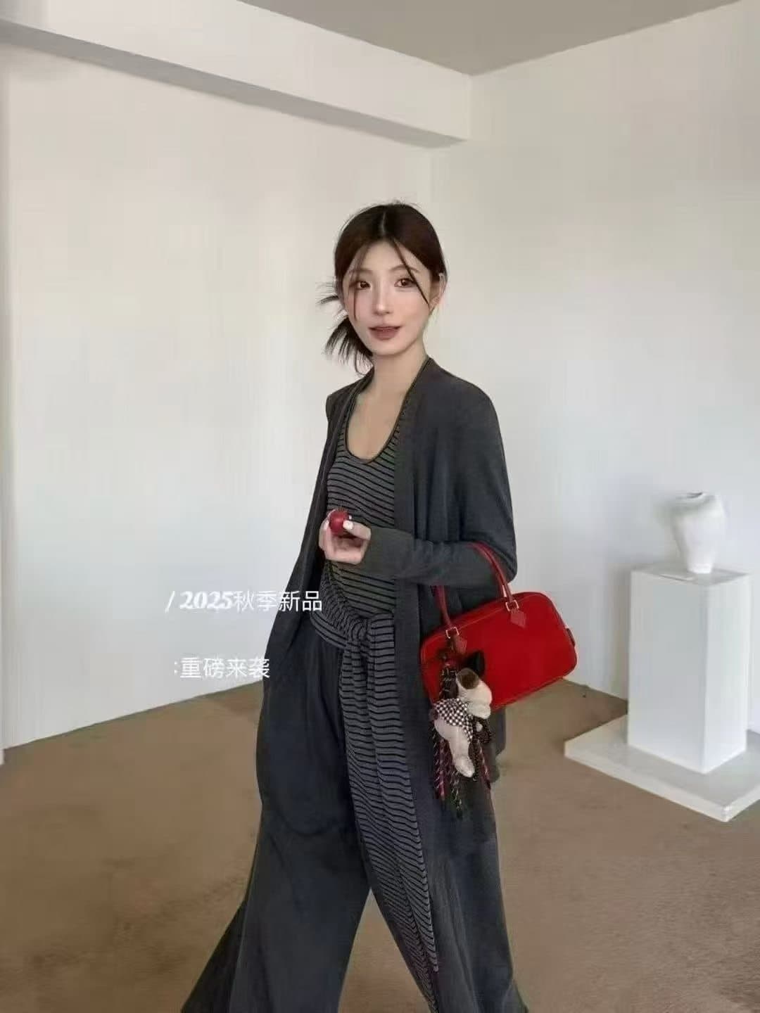 이른 가을 켜기 새로운 한국 스타일 패션 스트라이프 행침 목 스트랩 조끼 다용도 오픈 가디건 루즈핏 캐주얼 바지 3종 세트 상세 이미지 5