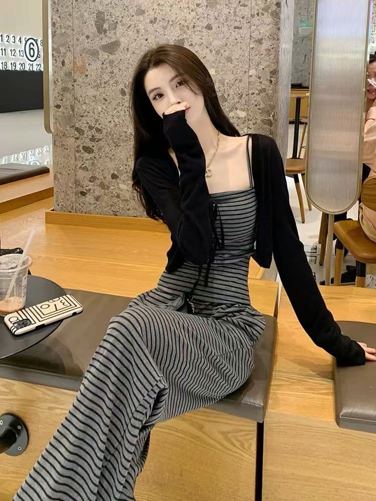 이른 가을 캐주얼 스포츠 슈트 여성 한 바람 chic 전체 집합 자이언트 잘 생긴 ~ 중 스트라이프 슬립 와이드 레그 팬츠 3종 세트