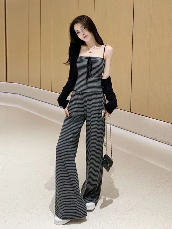 이른 가을 캐주얼 스포츠 슈트 여성 한 바람 chic 전체 집합 자이언트 잘 생긴 ~ 중 스트라이프 슬립 와이드 레그 팬츠 3종 세트 이미지 2