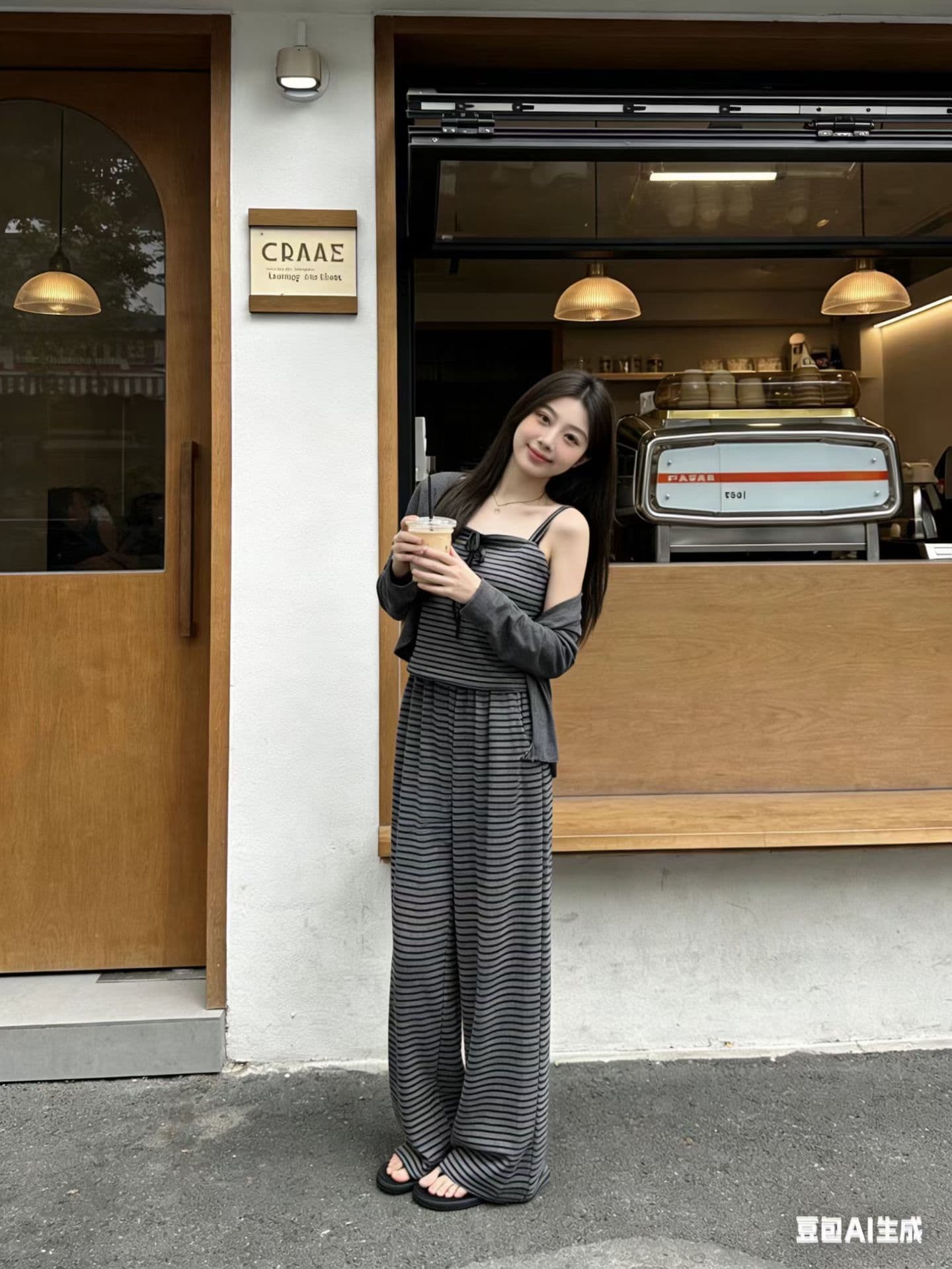 이른 가을 캐주얼 스포츠 슈트 여성 한 바람 chic 전체 집합 자이언트 잘 생긴 ~ 중 스트라이프 슬립 와이드 레그 팬츠 3종 세트 이미지 4