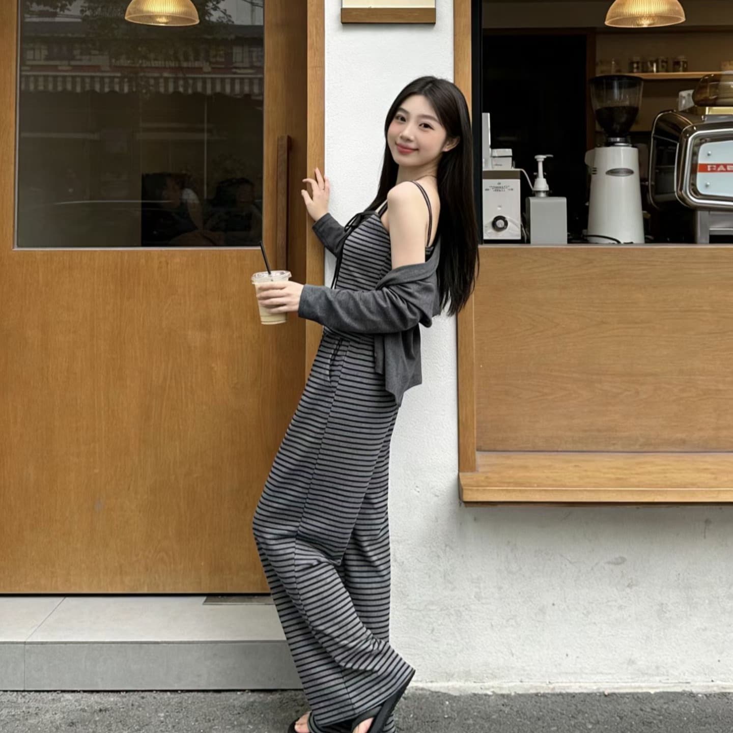 이른 가을 캐주얼 스포츠 슈트 여성 한 바람 chic 전체 집합 자이언트 잘 생긴 ~ 중 스트라이프 슬립 와이드 레그 팬츠 3종 세트 이미지 5