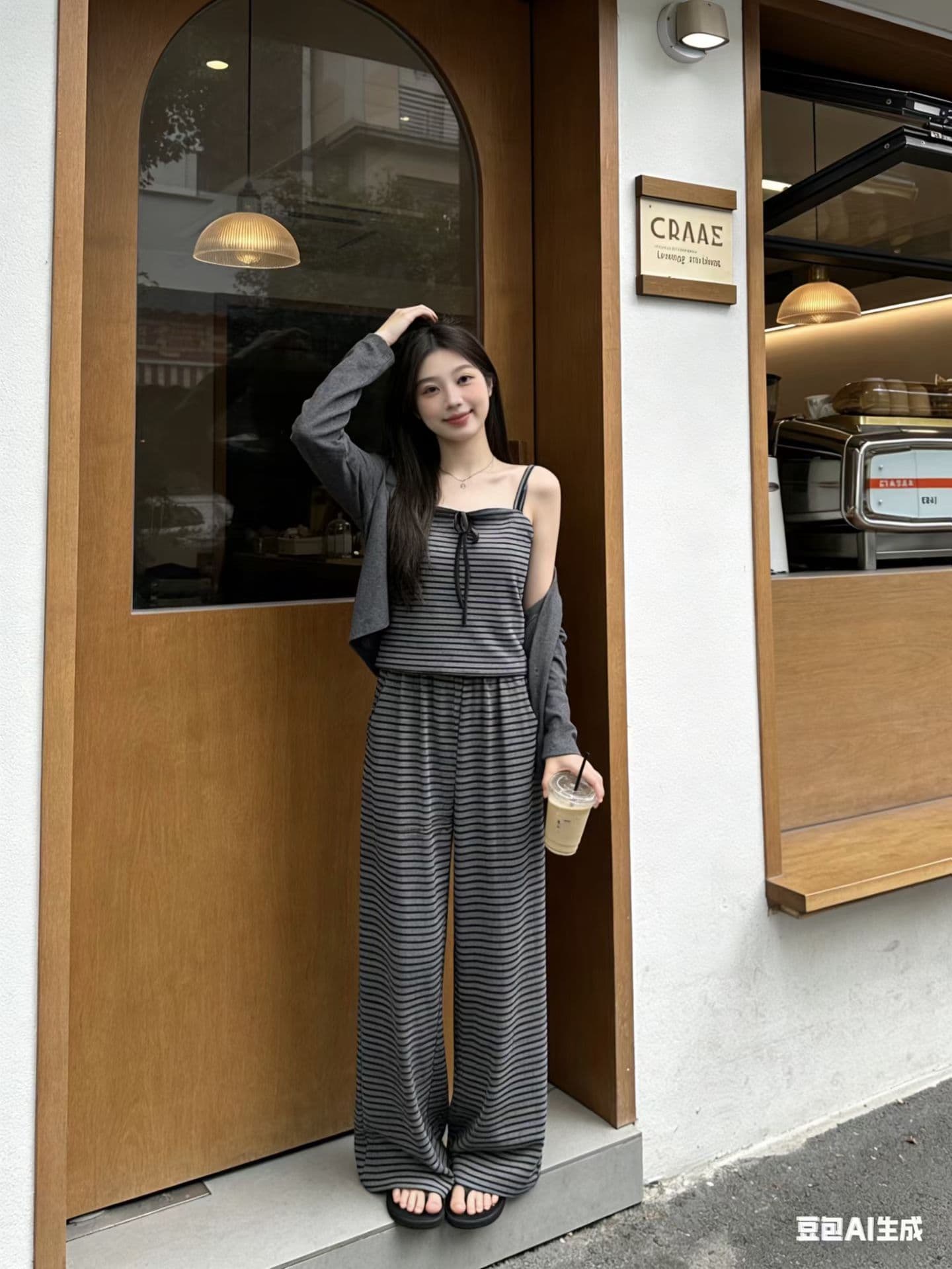 이른 가을 캐주얼 스포츠 슈트 여성 한 바람 chic 전체 집합 자이언트 잘 생긴 ~ 중 스트라이프 슬립 와이드 레그 팬츠 3종 세트 상세 이미지 5