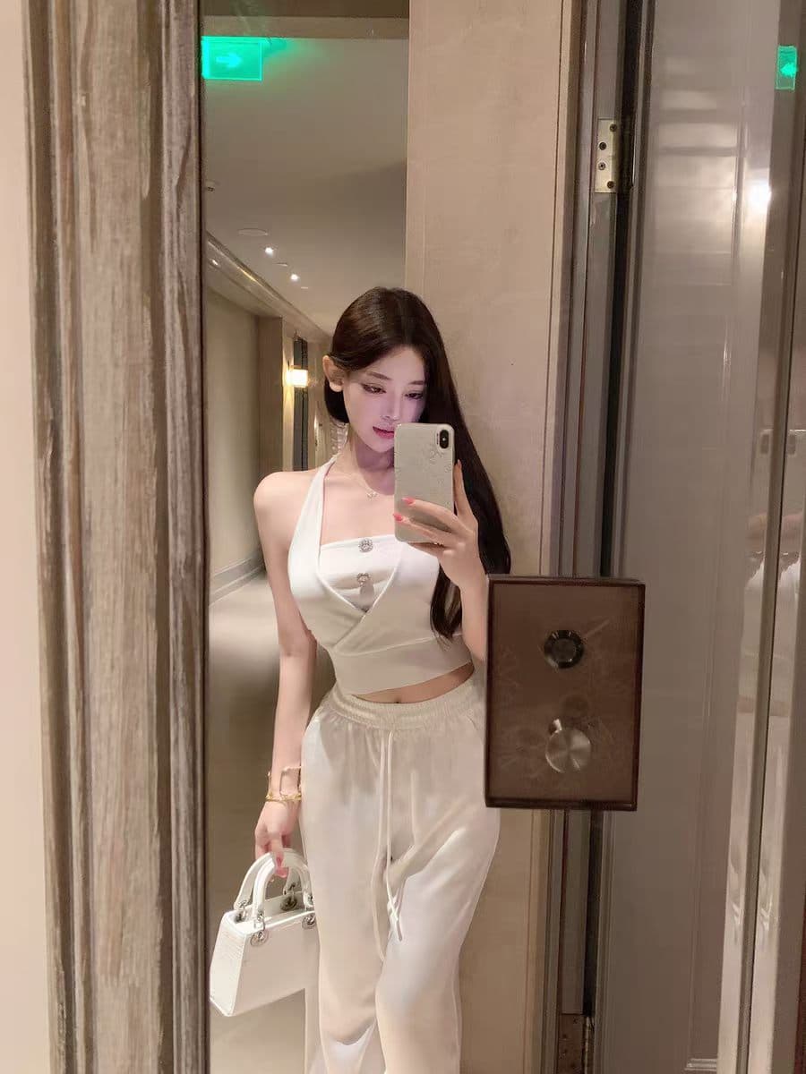 행침 목 페이크 레이어드 튜브탑 캐미솔 여름 핫걸 아름다움 뒤로 민소매 맨위 캐주얼 바지 투피스 세트 상세 이미지 5