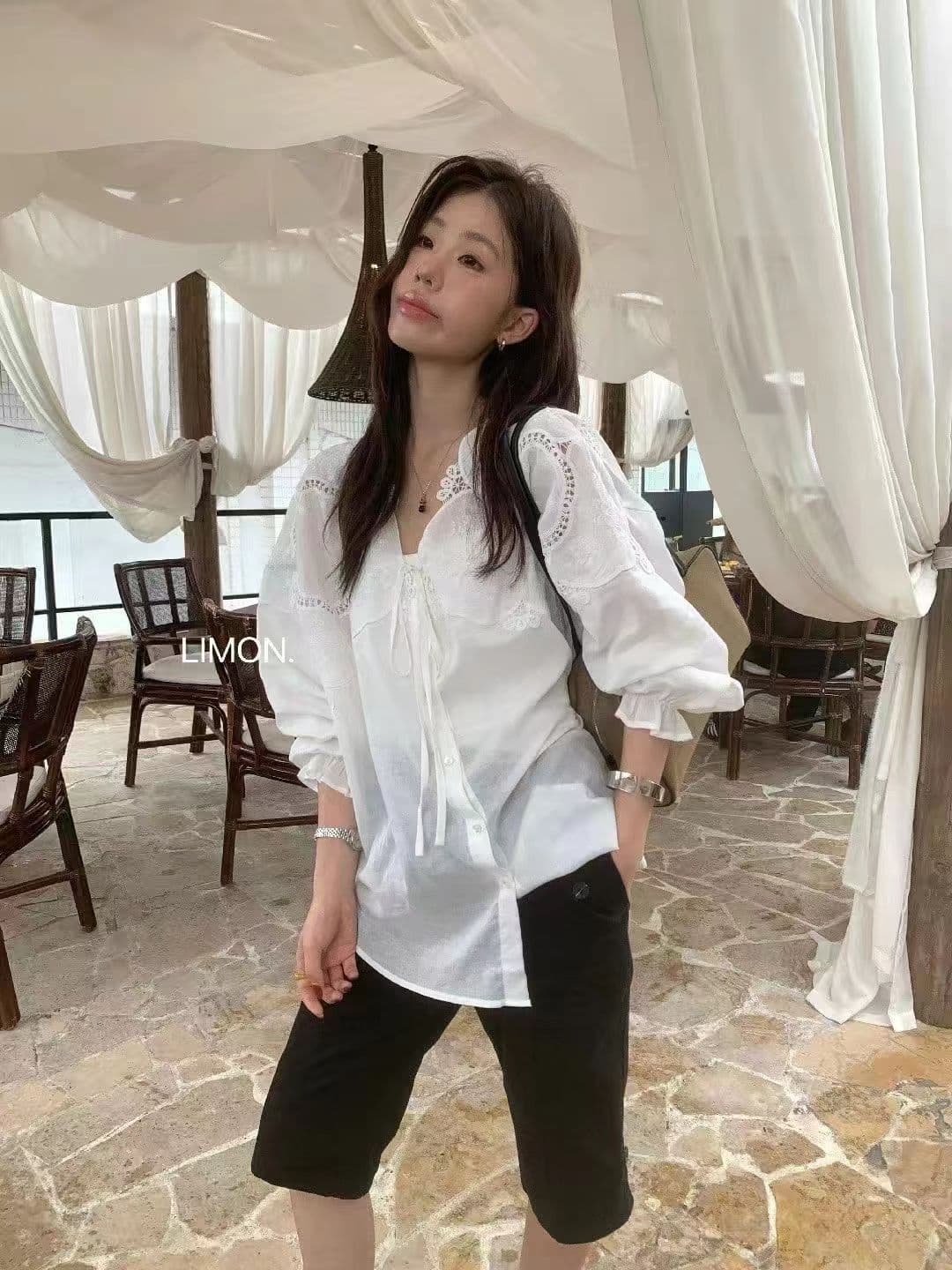 한국 스타일 품격 다용도 홀로우 아웃 조각 레이스 조각 긴팔 셔츠 상세 이미지 6