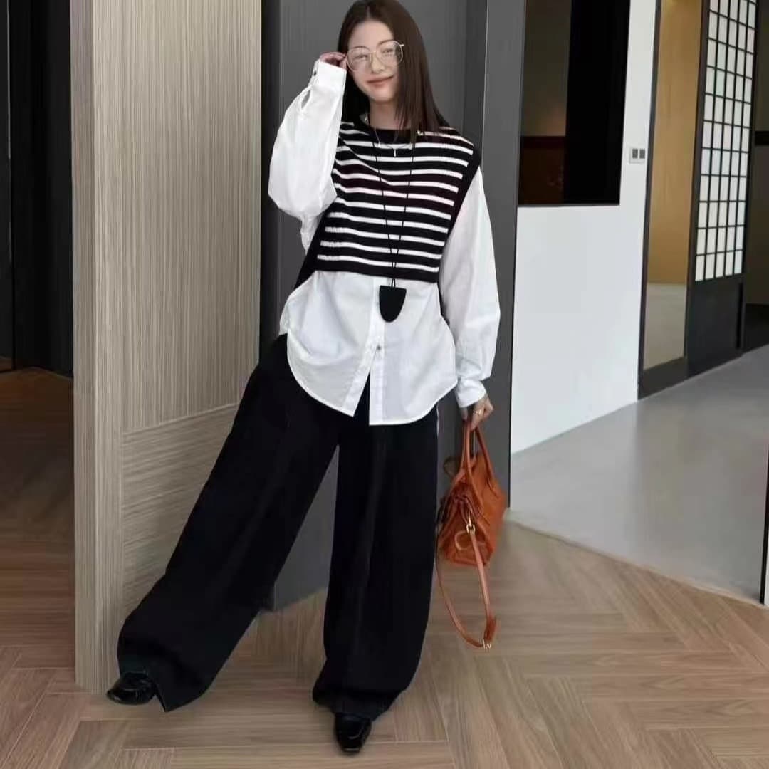 한 부서 라운드 넥 디자인 센스 패치워크 셔츠 긴팔 니트 스웨터 여성 가을 새로운 스트라이프 가짜 두 조각 루즈핏 맨위 이미지 5