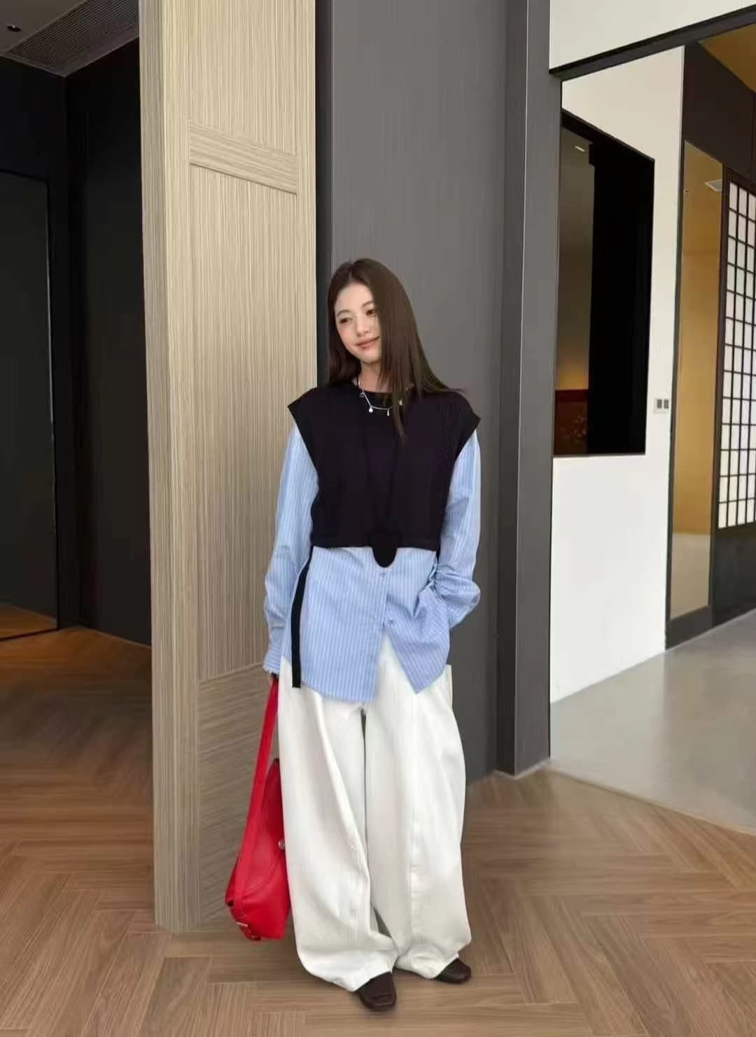한 부서 라운드 넥 디자인 센스 패치워크 셔츠 긴팔 니트 스웨터 여성 가을 새로운 스트라이프 가짜 두 조각 루즈핏 맨위 상세 이미지 3