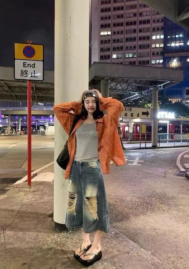 파란색 격자 무늬 셔츠 세트 여성 가을 디자인 센스 자외선 차단 다용도 작은 키 투피스 세트 익스트림 제인 바람 느슨함 이미지 3