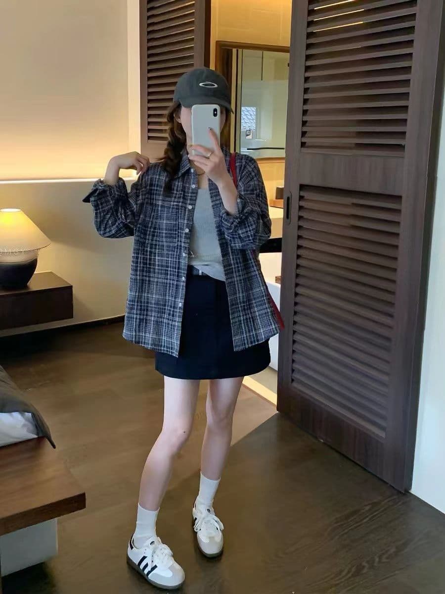 파란색 격자 무늬 셔츠 세트 여성 가을 디자인 센스 자외선 차단 다용도 작은 키 투피스 세트 익스트림 제인 바람 느슨함 이미지 4