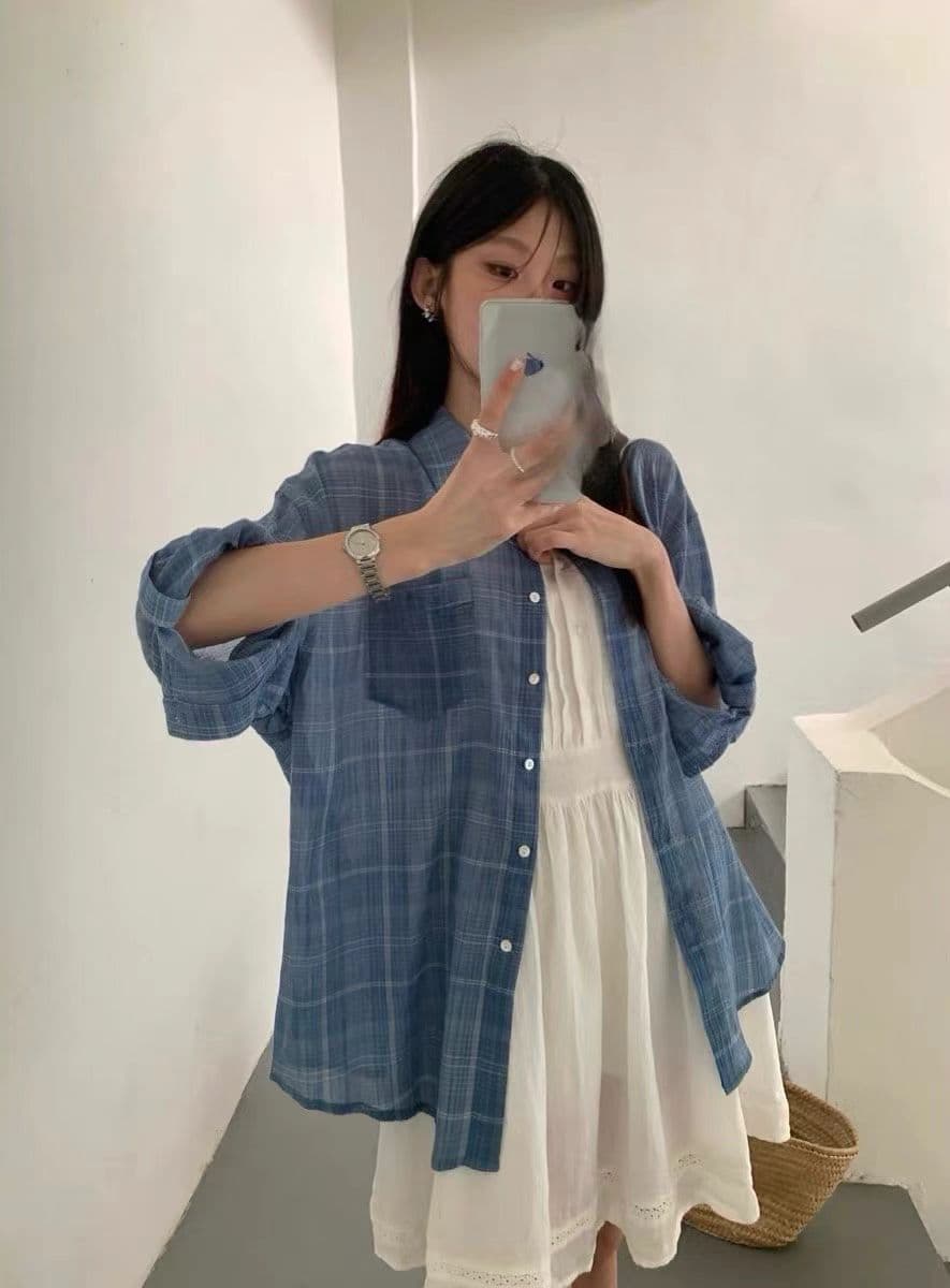 파란색 격자 무늬 셔츠 세트 여성 가을 디자인 센스 자외선 차단 다용도 작은 키 투피스 세트 익스트림 제인 바람 느슨함 상세 이미지 5