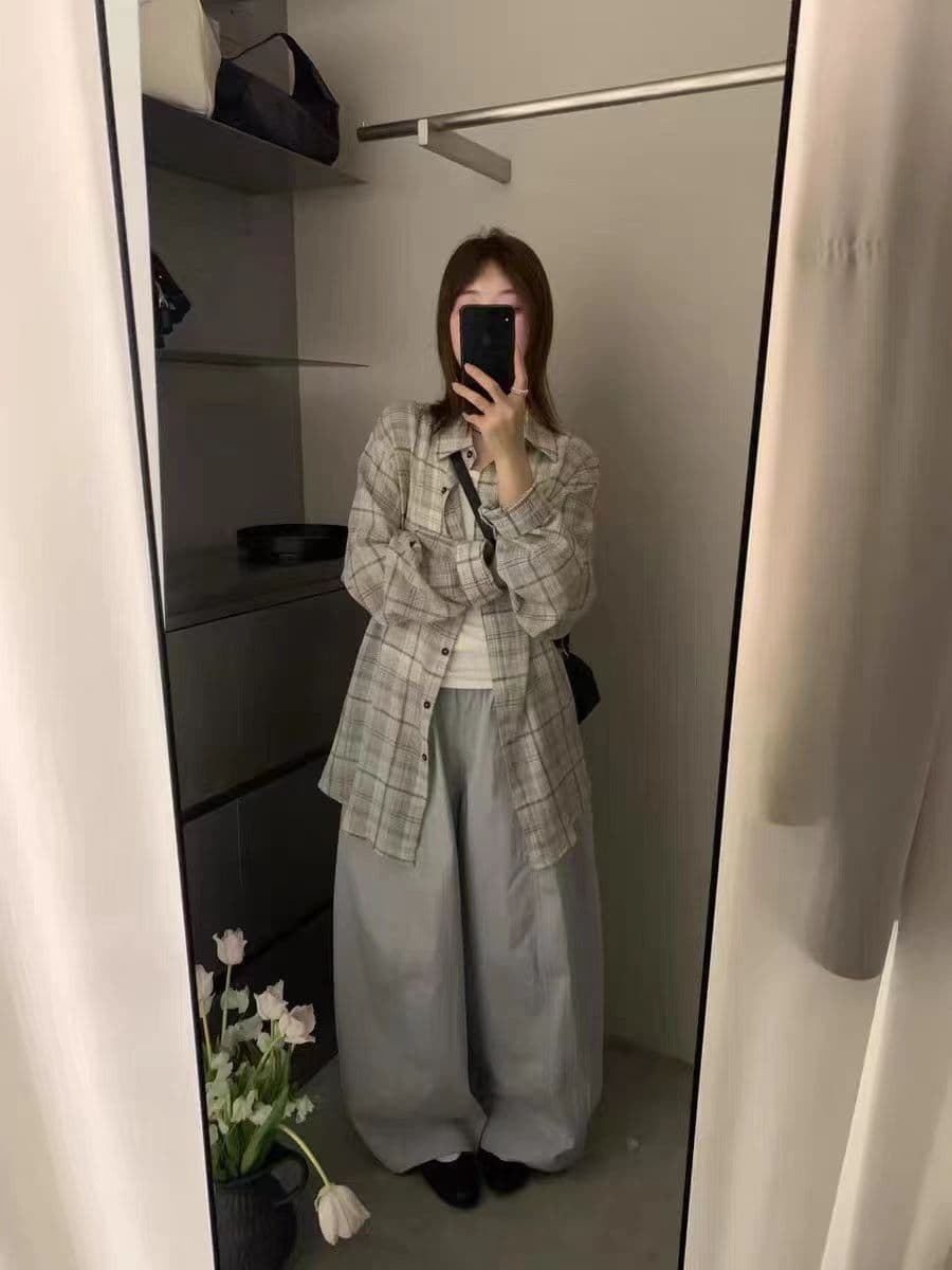 파란색 격자 무늬 셔츠 세트 여성 가을 디자인 센스 자외선 차단 다용도 작은 키 투피스 세트 익스트림 제인 바람 느슨함 상세 이미지 7
