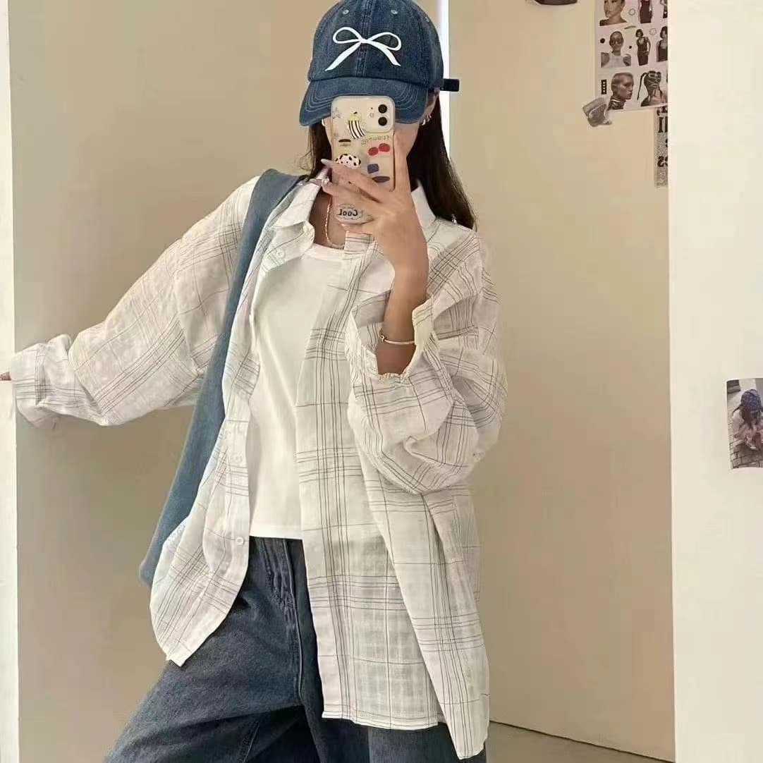 가을 얇은 스타일 ins 바람 체크무늬 한 부서 긴팔 셔츠 여성 레저 얇은 스타일 카디건 코트 투피스 조끼