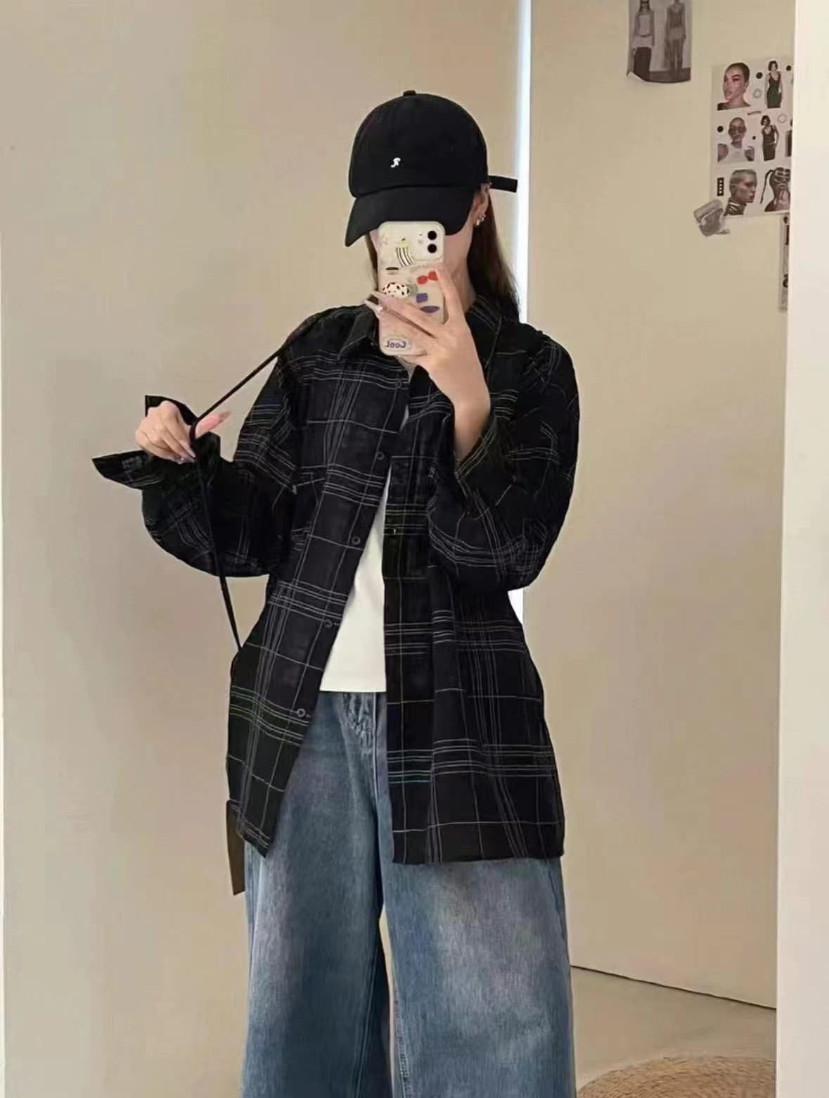 가을 얇은 스타일 ins 바람 체크무늬 한 부서 긴팔 셔츠 여성 레저 얇은 스타일 카디건 코트 투피스 조끼 상세 이미지 4
