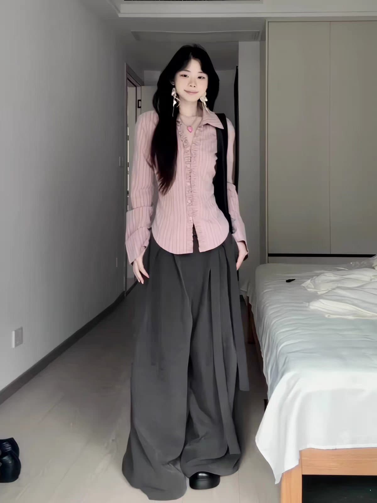 프랑스식 핑크색 스트라이프 레이스 폴로 칼라 긴팔 여성 셔츠 2026 새로운 캐주얼 와이드 레그 팬츠 자이언트 잘 생긴 투피스 세트 이미지 4