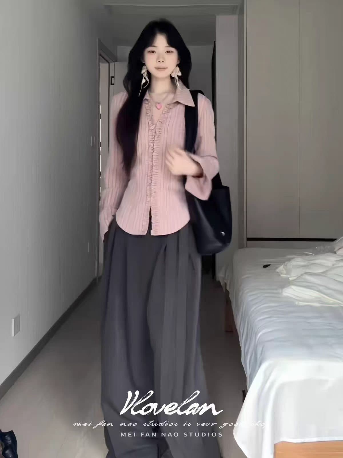 프랑스식 핑크색 스트라이프 레이스 폴로 칼라 긴팔 여성 셔츠 2026 새로운 캐주얼 와이드 레그 팬츠 자이언트 잘 생긴 투피스 세트 상세 이미지 2