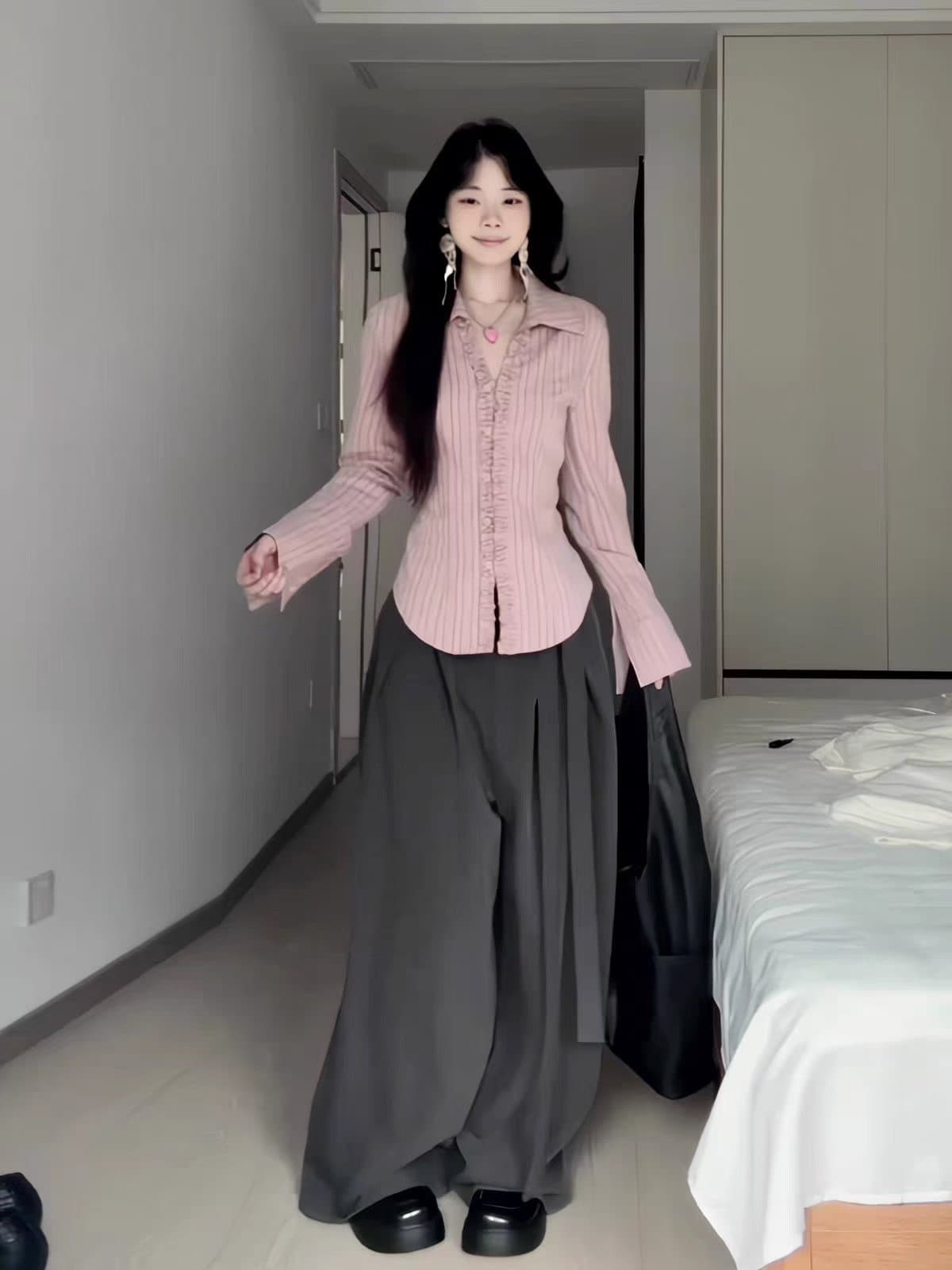 프랑스식 핑크색 스트라이프 레이스 폴로 칼라 긴팔 여성 셔츠 2026 새로운 캐주얼 와이드 레그 팬츠 자이언트 잘 생긴 투피스 세트 상세 이미지 4