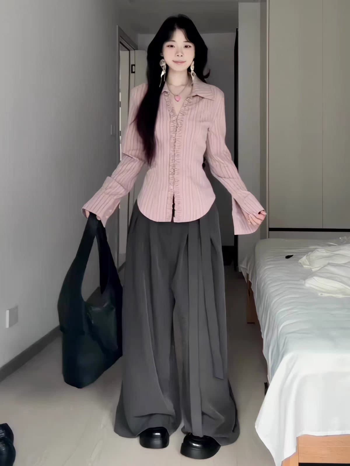 프랑스식 핑크색 스트라이프 레이스 폴로 칼라 긴팔 여성 셔츠 2026 새로운 캐주얼 와이드 레그 팬츠 자이언트 잘 생긴 투피스 세트 상세 이미지 7