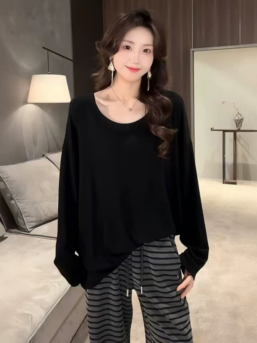 새로운 배트윙 소매 비스듬한 어깨 보트넥 맨위 스트라이프 나팔 바지 펌프 로프 레이스업 캐주얼 바지 세트 상세 이미지 2