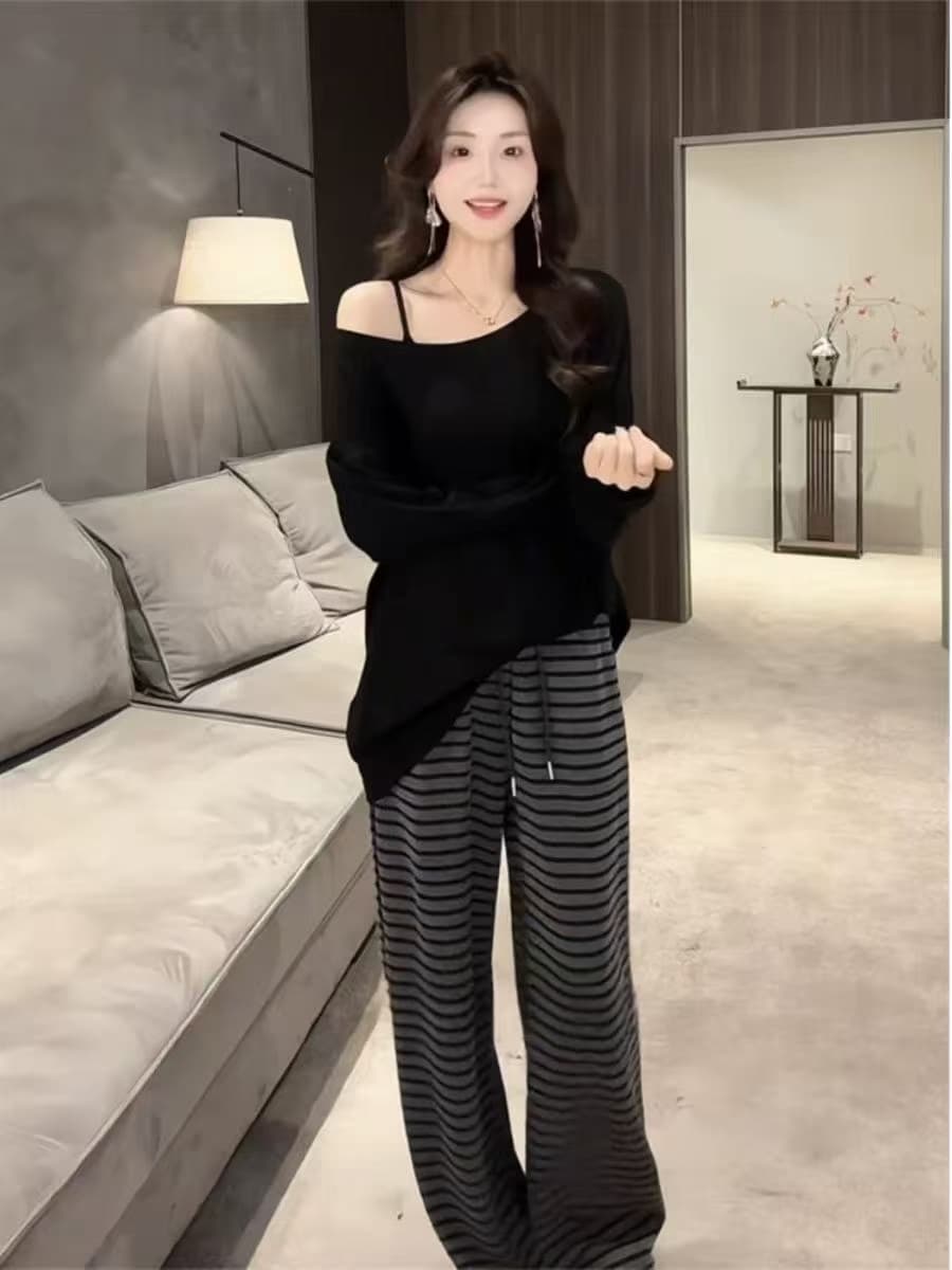 새로운 배트윙 소매 비스듬한 어깨 보트넥 맨위 스트라이프 나팔 바지 펌프 로프 레이스업 캐주얼 바지 세트 상세 이미지 3