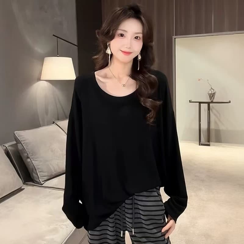 새로운 배트윙 소매 비스듬한 어깨 보트넥 맨위 스트라이프 나팔 바지 펌프 로프 레이스업 캐주얼 바지 세트 상세 이미지 4