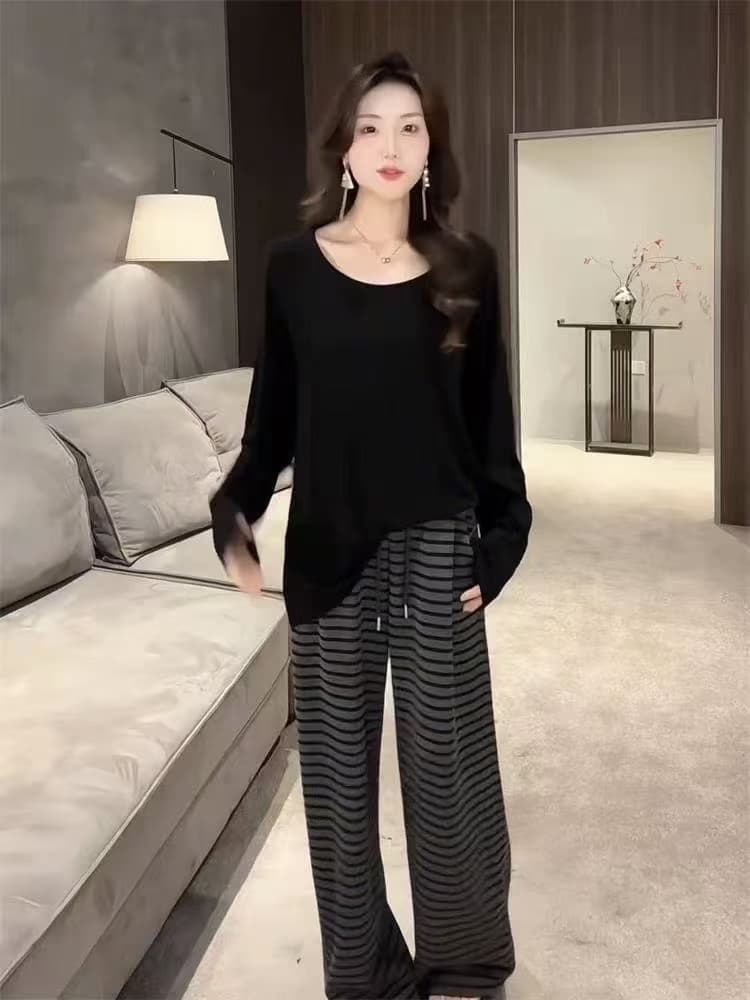 새로운 배트윙 소매 비스듬한 어깨 보트넥 맨위 스트라이프 나팔 바지 펌프 로프 레이스업 캐주얼 바지 세트 상세 이미지 6