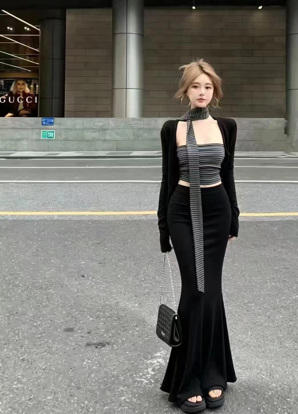 새로운 몸매 가꾸기 자외선 차단 오픈 가디건 스트라이프 튜브탑 조끼 허리밴드 인어 꼬리 스커트 리본 4 세트