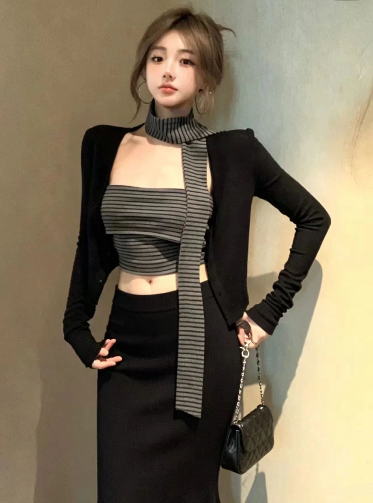 새로운 몸매 가꾸기 자외선 차단 오픈 가디건 스트라이프 튜브탑 조끼 허리밴드 인어 꼬리 스커트 리본 4 세트 이미지 2