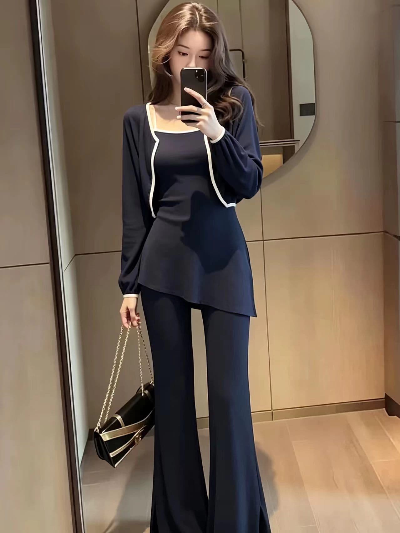 가을 새로운 느긋한 바람 블루 색상 긴팔 루즈핏 오픈 가디건 캐미솔 부츠컷 바지 세 조각 여성 세트 이미지 2