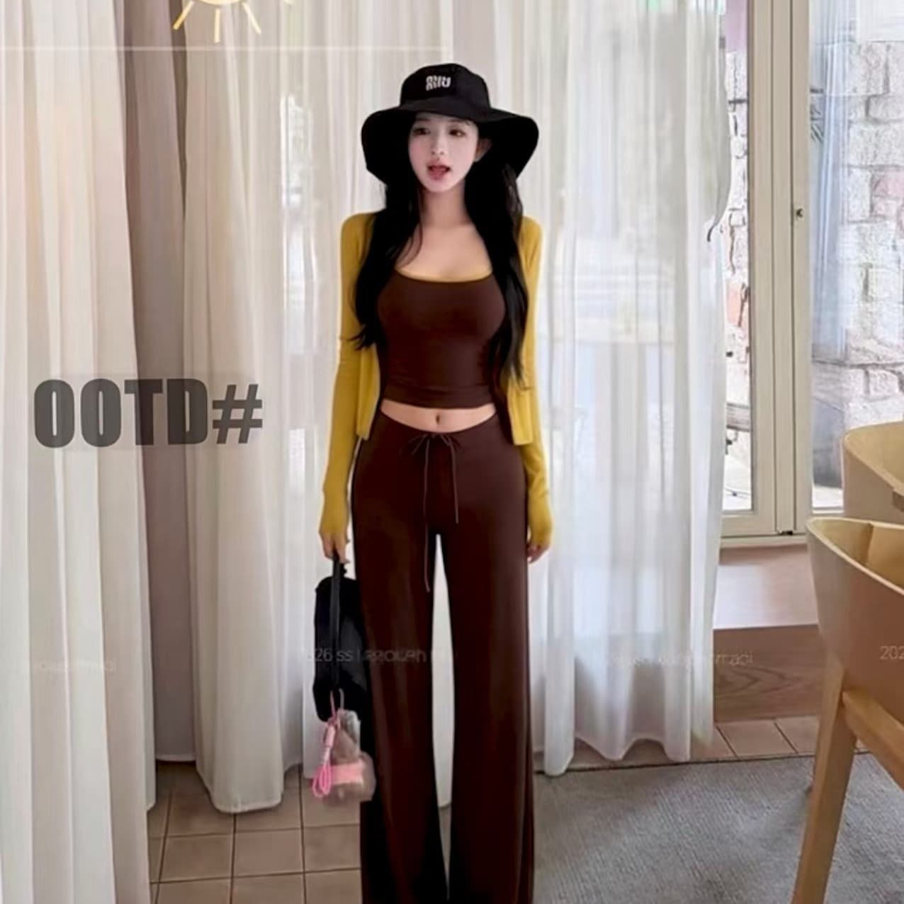 새로운 핫걸 허리 수축 캐미솔 쇼트 스타일 긴팔 오픈 가디건 허리밴드 레이스업 캐주얼 바지 3종 세트 이미지 5