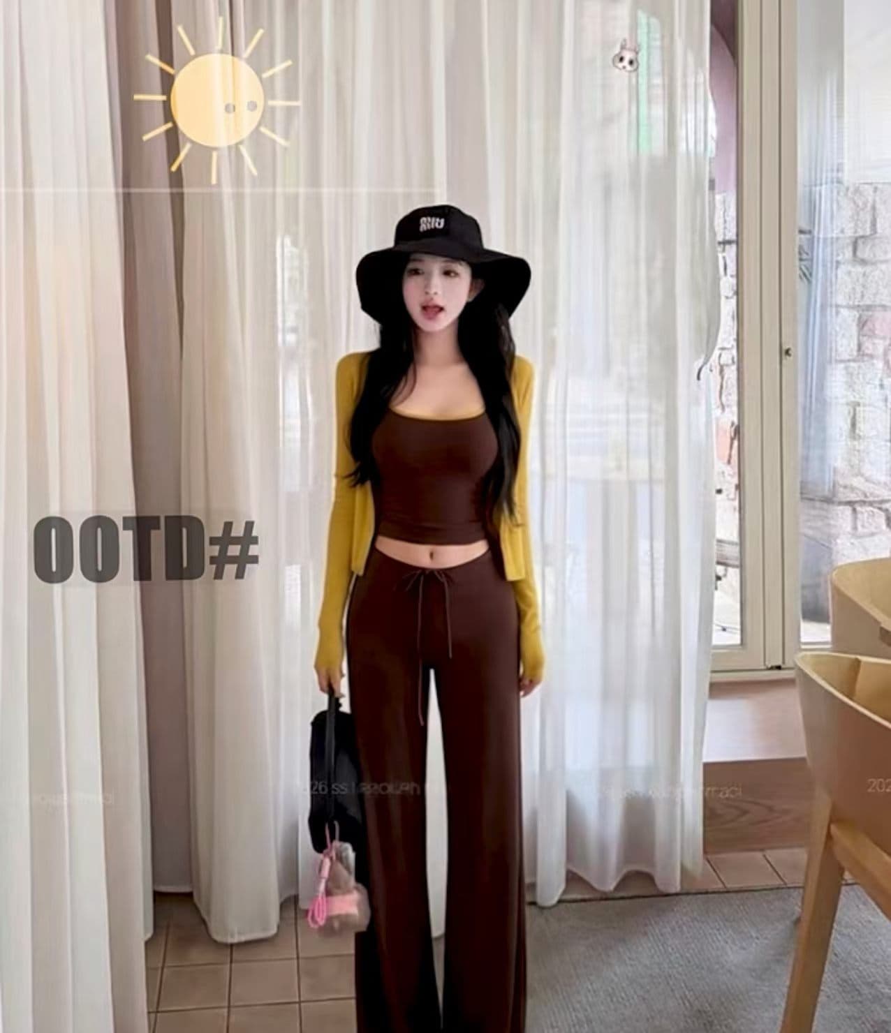 새로운 핫걸 허리 수축 캐미솔 쇼트 스타일 긴팔 오픈 가디건 허리밴드 레이스업 캐주얼 바지 3종 세트 상세 이미지 3