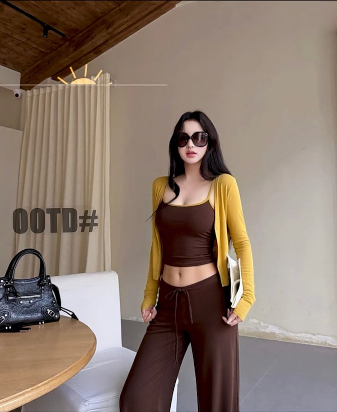 새로운 핫걸 허리 수축 캐미솔 쇼트 스타일 긴팔 오픈 가디건 허리밴드 레이스업 캐주얼 바지 3종 세트 상세 이미지 5