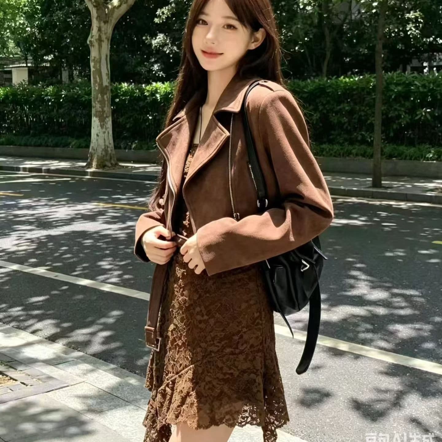 한 부서 핫걸 V넥 주름 다용도 허리 수축 드레스 레트로 오토바이 바람 뒤집다 디스크 pu 가죽 자켓 두 조각 여성 세트 이미지 5