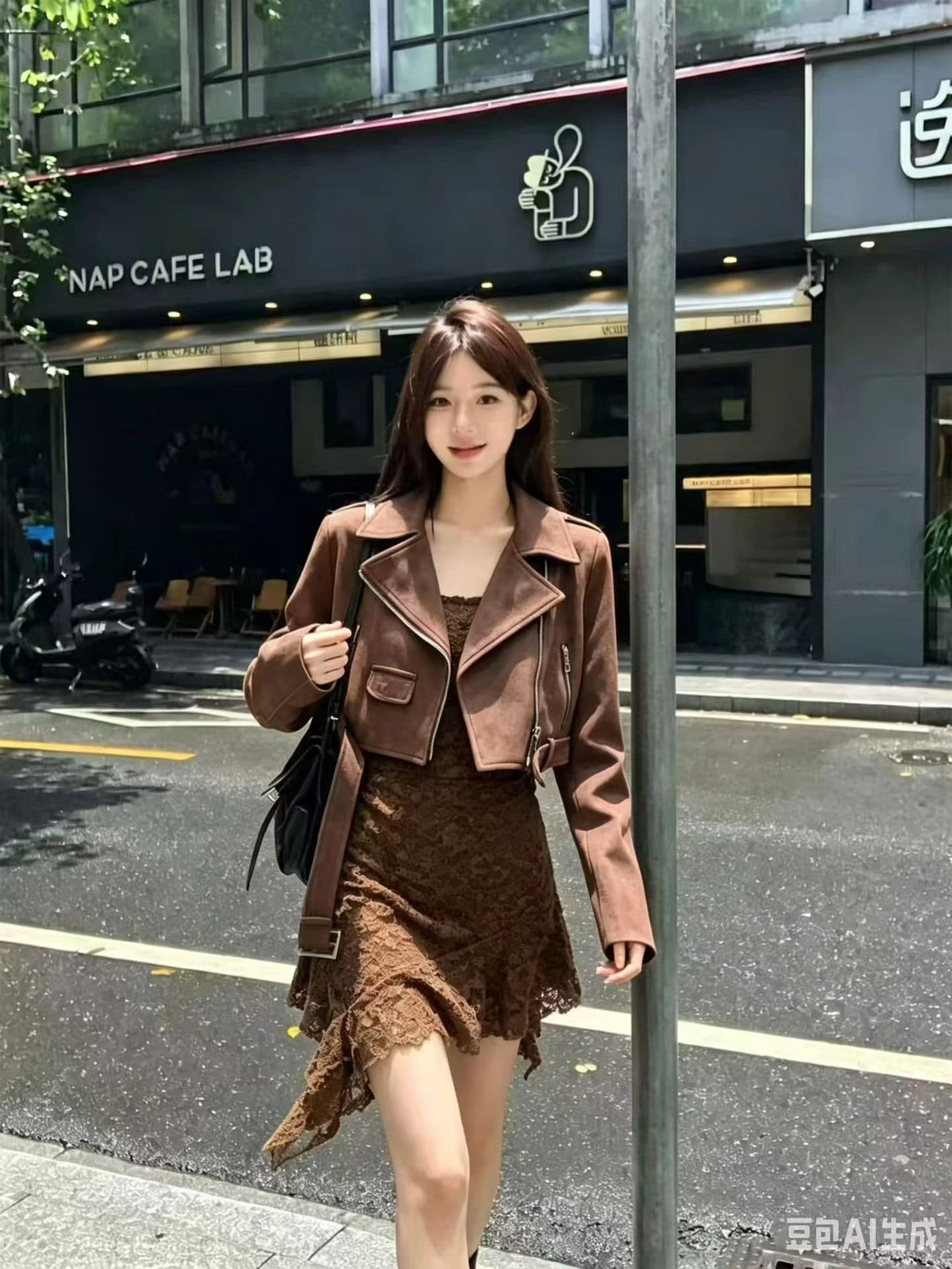 한 부서 핫걸 V넥 주름 다용도 허리 수축 드레스 레트로 오토바이 바람 뒤집다 디스크 pu 가죽 자켓 두 조각 여성 세트 상세 이미지 3