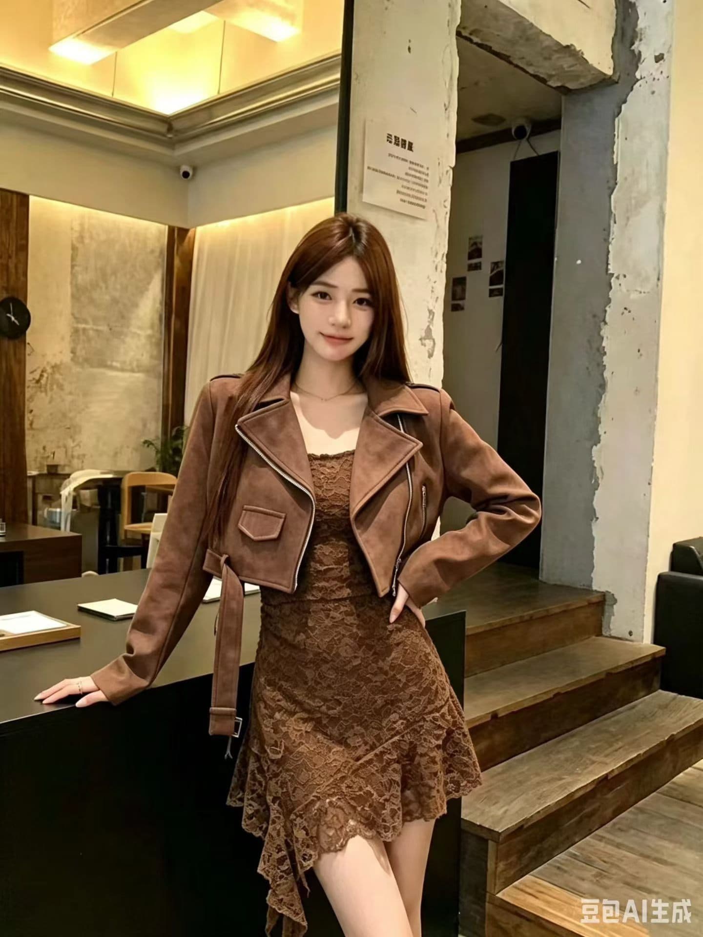 한 부서 핫걸 V넥 주름 다용도 허리 수축 드레스 레트로 오토바이 바람 뒤집다 디스크 pu 가죽 자켓 두 조각 여성 세트 상세 이미지 4