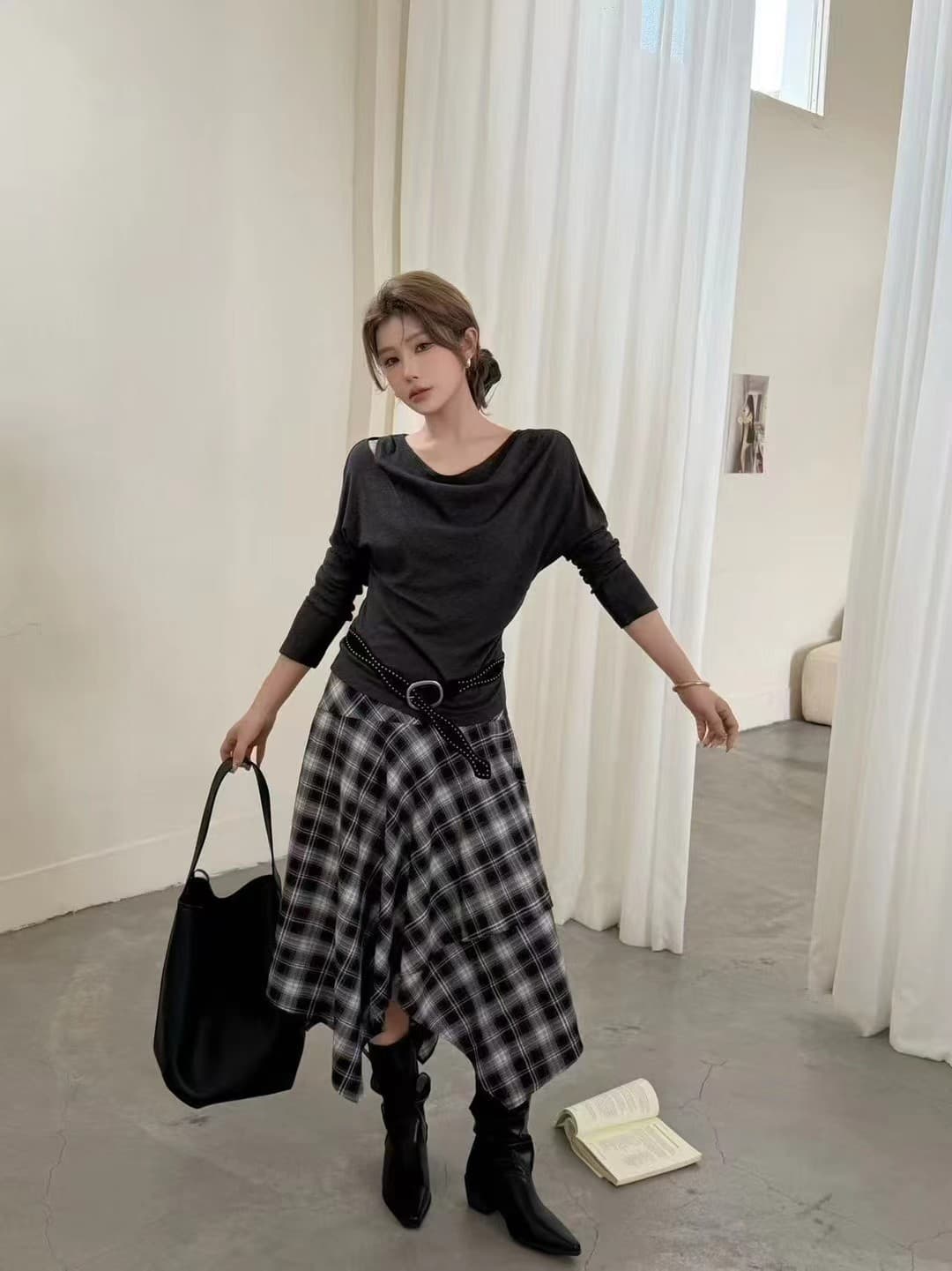 아메리칸 레트로 하이웨이스트 체크무늬 반신 스커트 여성 디자인 센스 트임 플리츠 치마 맨위 투피스 세트 이미지 3