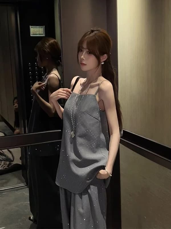 2026 여름 새로운 패션 회색 무거운 작업 플래시 훈련 민소매 캐미솔 루즈핏 슬림해 보이는 와이드 레그 팬츠 세트 여성 상세 이미지 4